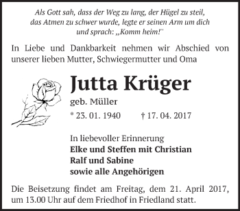 Traueranzeige von Jutta Krüger von Märkische Oderzeitung