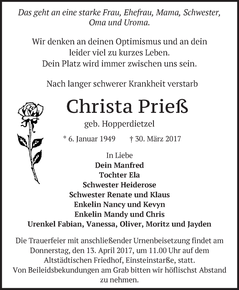 Traueranzeigen Von Christa Prieß Märkische Onlinezeitung Trauerportal 