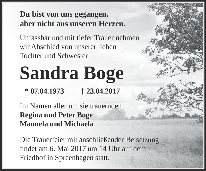  Traueranzeige für Sandra Boge vom 29.04.2017 aus Märkische Oderzeitung