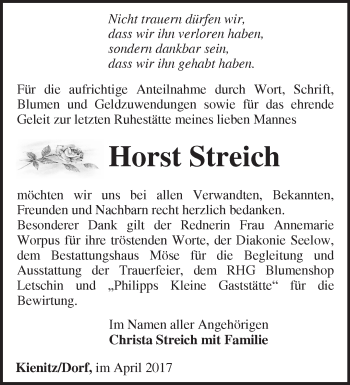 Traueranzeige von Horst Streich von Märkische Oderzeitung