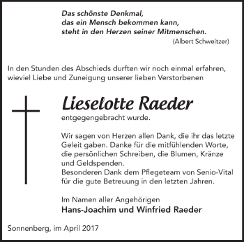 Traueranzeige von Lieselotte Raeder von Märkische Oderzeitung