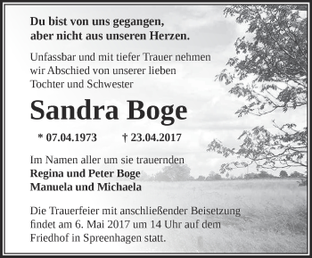 Traueranzeige von Sandra Boge von Märkische Oderzeitung