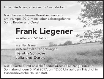 Traueranzeige von Frank Liegener von Märkische Oderzeitung