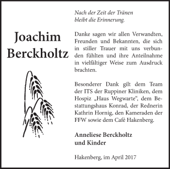 Traueranzeige von Joachim Berckholz von Märkische Oderzeitung