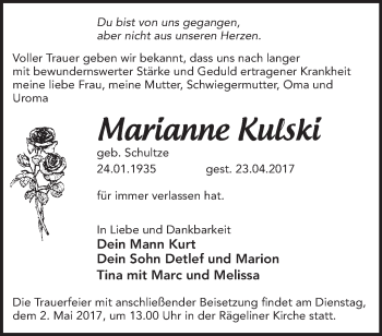 Traueranzeige von Marianne Kulski von Märkische Oderzeitung