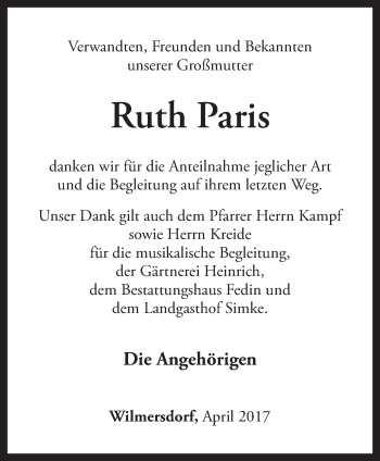 Traueranzeige von Ruth Paris von Märkische Oderzeitung