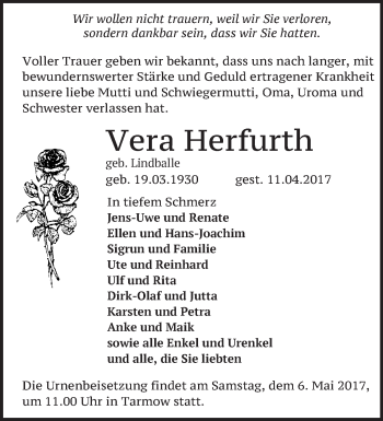 Traueranzeige von Vera Herfurth von Märkische Oderzeitung