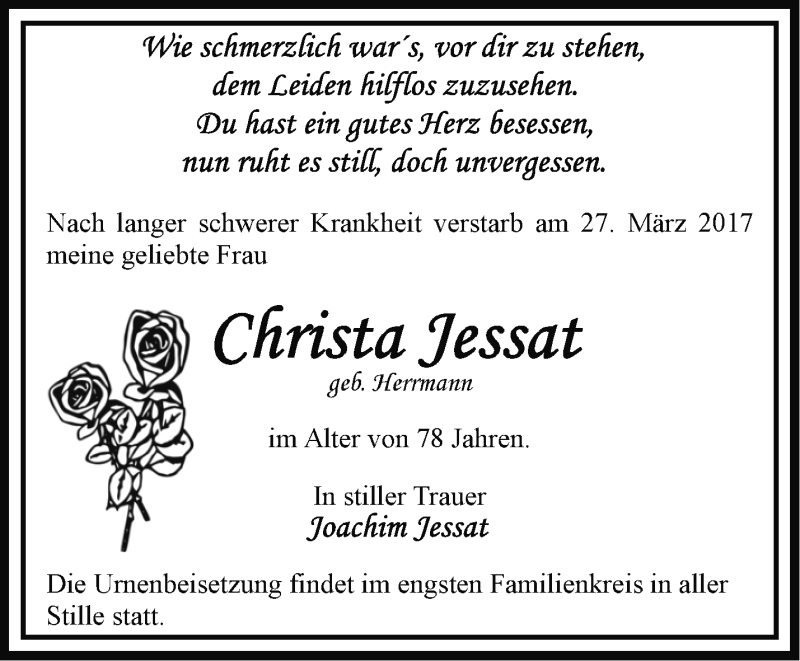 Traueranzeigen Von Christa Jessat Märkische Onlinezeitung Trauerportal 