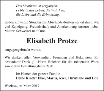 Traueranzeige von Elisabeth Protze von Märkische Oderzeitung