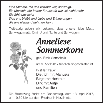 Traueranzeige von Anneliese Sommerkorn von Märkische Oderzeitung