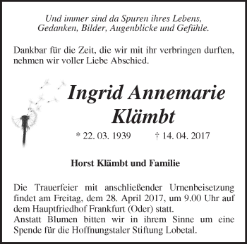 Traueranzeige von Ingrid Annemarie Klämbt von Märkische Oderzeitung