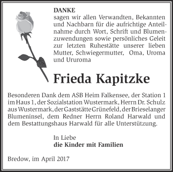 Traueranzeige von Frieda Kapitzke von Märkische Oderzeitung