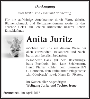 Traueranzeige von Anita Juritz von Märkische Oderzeitung