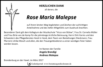 Traueranzeige von Rose Maria Malepse von Märkische Oderzeitung