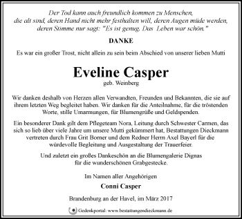 Traueranzeige von Eveline Casper von Märkische Oderzeitung