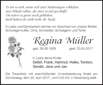 Traueranzeige von Regina Müller von Märkische Oderzeitung