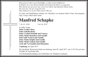 Traueranzeige von Manfred Schapke von Märkische Oderzeitung