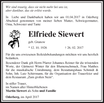 Traueranzeige von Elfriede Siewert von Märkische Oderzeitung