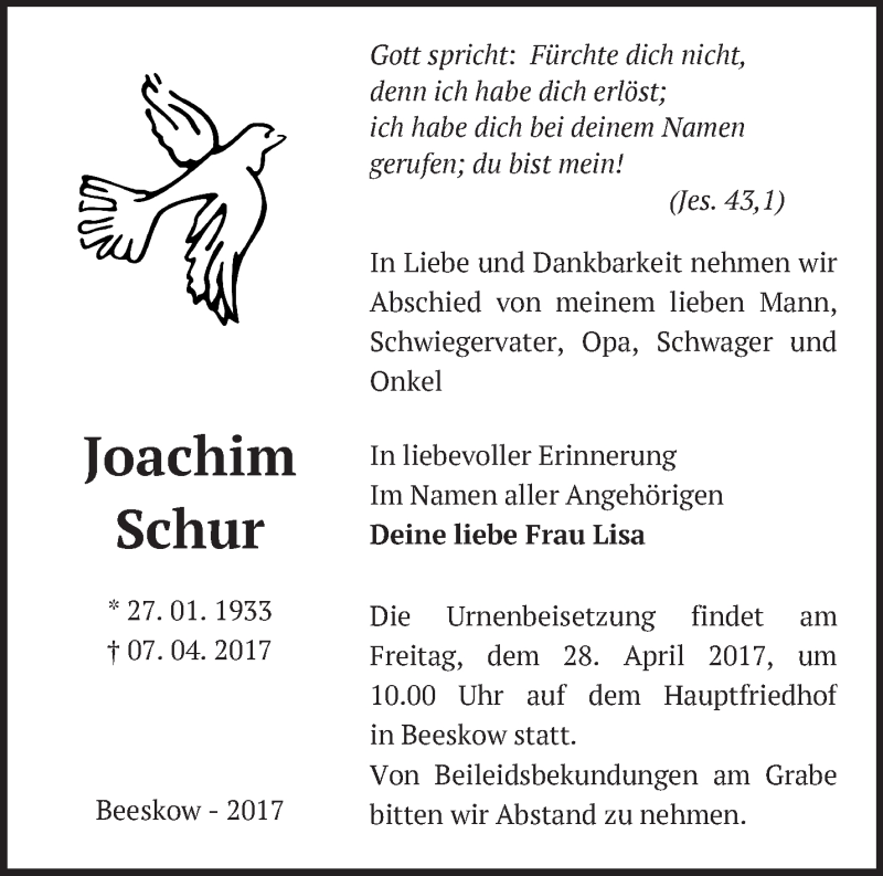  Traueranzeige für Joachim Schur vom 22.04.2017 aus Märkische Oderzeitung