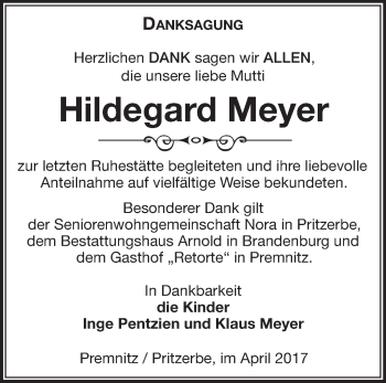 Traueranzeige von Hildegard Meyer von Märkische Oderzeitung