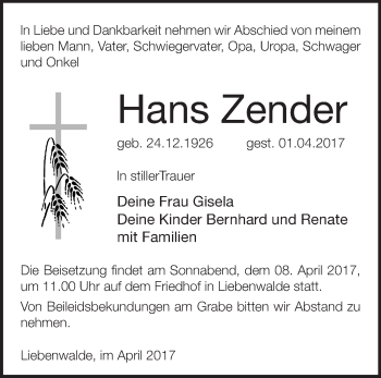 Traueranzeige von Hans Zender von Märkische Oderzeitung