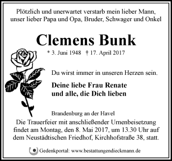 Traueranzeige von Clemens Bunk von Märkische Oderzeitung