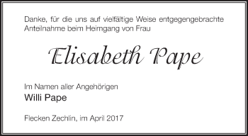 Traueranzeige von Elisabeth Pape von Märkische Oderzeitung