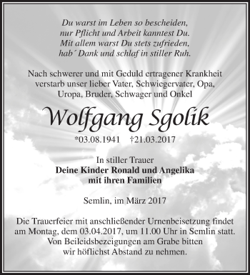 Traueranzeige von Wolfgang Sgolik von Märkische Oderzeitung