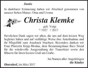 Traueranzeige von Christa Klemke von Märkische Oderzeitung