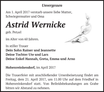 Traueranzeige von Astrid Wernicke von Märkische Oderzeitung