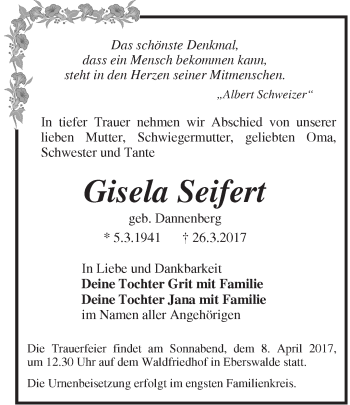 Traueranzeige von Gisela Seifert von Märkische Oderzeitung