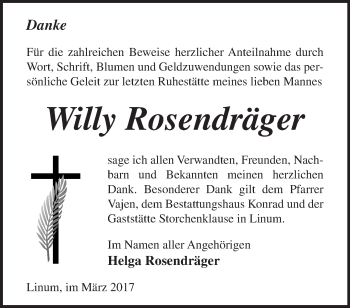 Traueranzeige von Willy Rosendräger von Märkische Oderzeitung