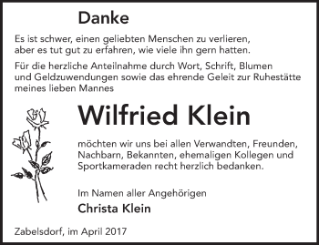 Traueranzeige von Wilfried Klein von Märkische Oderzeitung