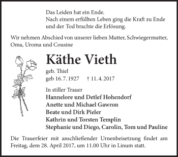 Traueranzeige von Käthe Vieth von Märkische Oderzeitung