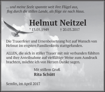 Traueranzeige von Helmut Neitzel von Märkische Oderzeitung