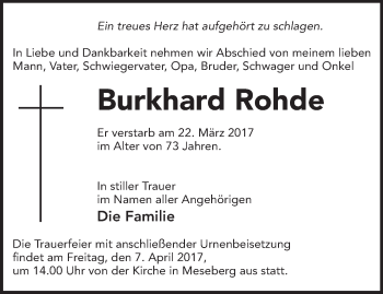 Traueranzeige von Burkhard Rohde von Märkische Oderzeitung