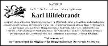 Traueranzeige von Karl Hildebrandt von Märkische Oderzeitung