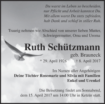 Traueranzeige von Ruth Schützmann von Märkische Oderzeitung