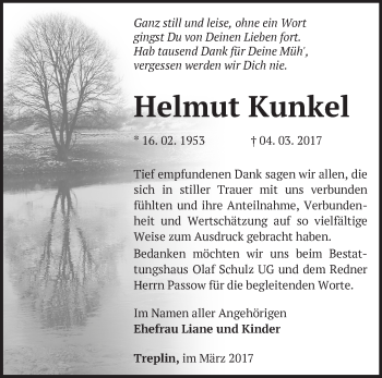 Traueranzeige von Helmut Kunkel von Märkische Oderzeitung