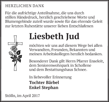 Traueranzeige von Liesbeth Jud von Märkische Oderzeitung