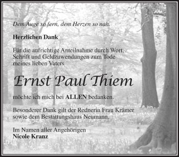 Traueranzeige von Ernst Paul Thiem von Märkische Oderzeitung