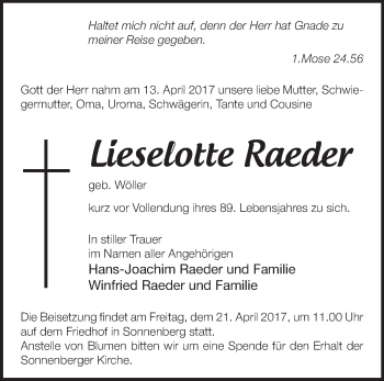 Traueranzeige von Lieselotte Raeder von Märkische Oderzeitung