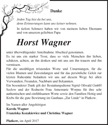 Traueranzeige von Horst Wagner von Märkische Oderzeitung