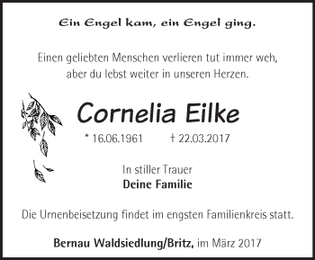 Traueranzeige von Cornelia Eilke von Märkische Oderzeitung