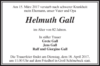 Traueranzeige von Helmuth Gall von Märkische Oderzeitung