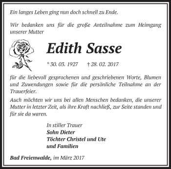 Traueranzeige von Edith Sasse von Märkische Oderzeitung