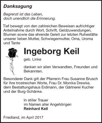 Traueranzeige von Ingeborg Keil von Märkische Oderzeitung