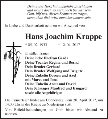 Traueranzeige von Hans Joachim Krappe von Märkische Oderzeitung