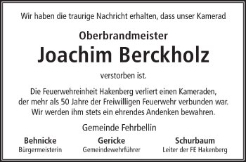 Traueranzeige von Joachim Berckholz von Märkische Oderzeitung