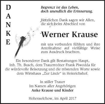 Traueranzeige von Werner Krause von Märkische Oderzeitung